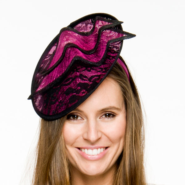 Caprice Magenta Pink & Black Fascinator, Kentucky Derby Hat, Royal Fascinator, Women's Tea-Party Hat, Oaks Hat with Headband, Couture Hats