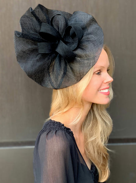Tia Large Black Fascinator, Royal Wedding Hat, Kentucky Derby Hat, Derby Hats for Women, Spring Racing Fashion, Ladies Tea Hat Black
