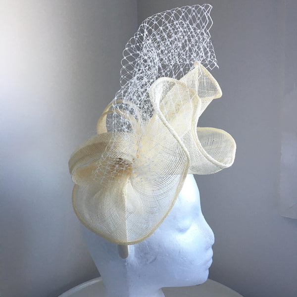 Sale item** Aubrey Cream Fascinator with Netting, Oaks Fascinator, Kentucky Derby Hat with Headband, Spring Racing Hat, Cream Hat, Wedding Hat,Women's Hat