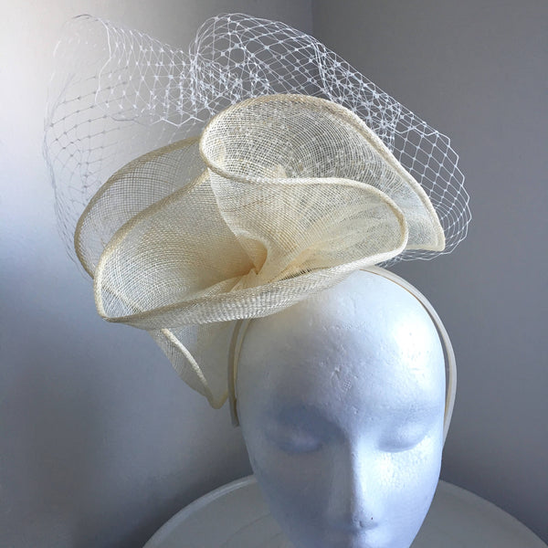 Sale item** Aubrey Cream Fascinator with Netting, Oaks Fascinator, Kentucky Derby Hat with Headband, Spring Racing Hat, Cream Hat, Wedding Hat,Women's Hat