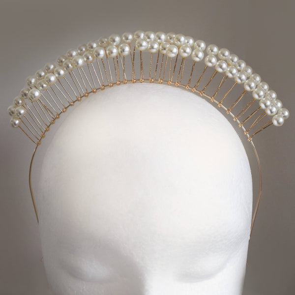 SALE ITEM Freya Pearl-Look Gold Headpiece, Simulated Pearl Crown, Pearl Headband, Cream Derby Headpiece Fascinator, Wedding Headpiece,Bridal