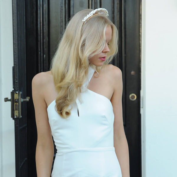 SALE ITEM Freya Pearl-Look Gold Headpiece, Simulated Pearl Crown, Pearl Headband, Cream Derby Headpiece Fascinator, Wedding Headpiece,Bridal