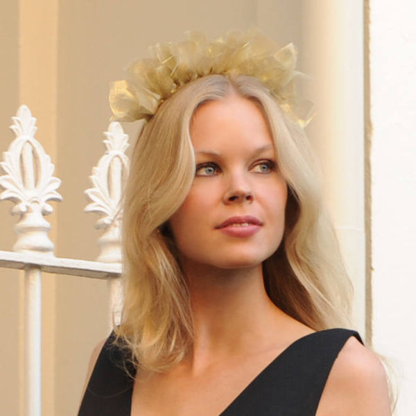 Estella Unique Gold-Tulle Headpiece, Gold Derby Headband, Kentucky Derby Fascinator 2023, Women's Fashion Headband, Spring Racing Crown