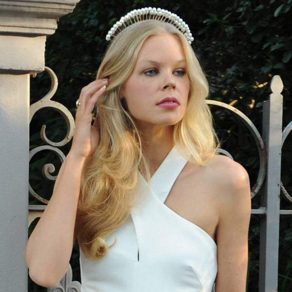 SALE ITEM Freya Pearl-Look Gold Headpiece, Simulated Pearl Crown, Pearl Headband, Cream Derby Headpiece Fascinator, Wedding Headpiece,Bridal