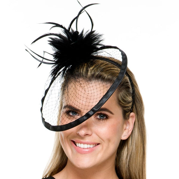 Emmy Black Netted Fascinator with Feather Feature, Derby Hat Black, Kentucky Derby Headband, Unique Black Fascinator, Ladies Tea-Party Hat