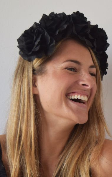 SALE item* Isabella Black Flower Crown, Kentucky Derby Headband, Floral Derby Fascinator Black, Black Fashion Headband, Wedding Flower Crown