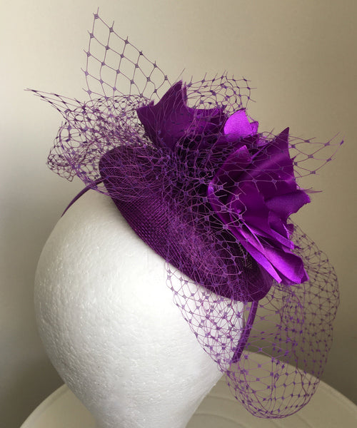 FIFI Purple Fascinator with Netting, Kentucky Derby Hat, Spring Racing Fashion 2023, Royal Wedding Hat, Ladies Tea-Party Hat with Headband