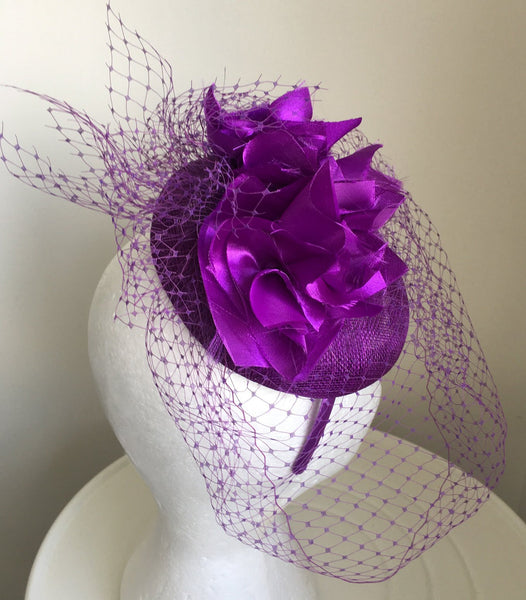 FIFI Purple Fascinator with Netting, Kentucky Derby Hat, Spring Racing Fashion 2023, Royal Wedding Hat, Ladies Tea-Party Hat with Headband