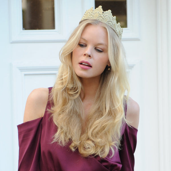 SALE ITEM* ISADORA Gold Embroidered Crown Tiara, Kentucky Oaks Derby Headband, Spring Racing Fashion 2023, Royal Tea-Party Headpiece