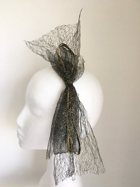 Vyda Black and Gold Bow Headband, Unique Black & Gold Headpiece, Kentucky Derby Headband, Tea-Party Hair Accessory, Gold Fascinator