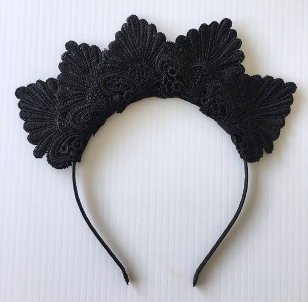 Loretta Black Embroidered Crown Headband, Black Headpiece, Spring Racing Fashion 2023, Black Derby Fascinator, Kentucky Derby Headband