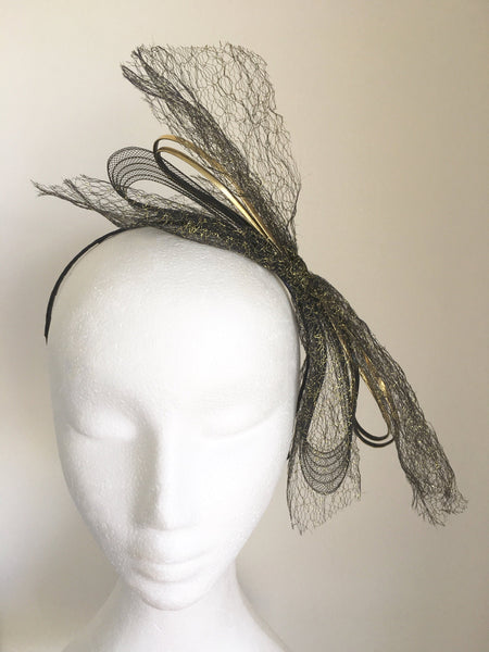 Vyda Black and Gold Bow Headband, Unique Black & Gold Headpiece, Kentucky Derby Headband, Tea-Party Hair Accessory, Gold Fascinator