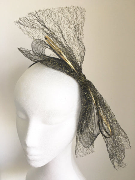 Vyda Black and Gold Bow Headband, Unique Black & Gold Headpiece, Kentucky Derby Headband, Tea-Party Hair Accessory, Gold Fascinator